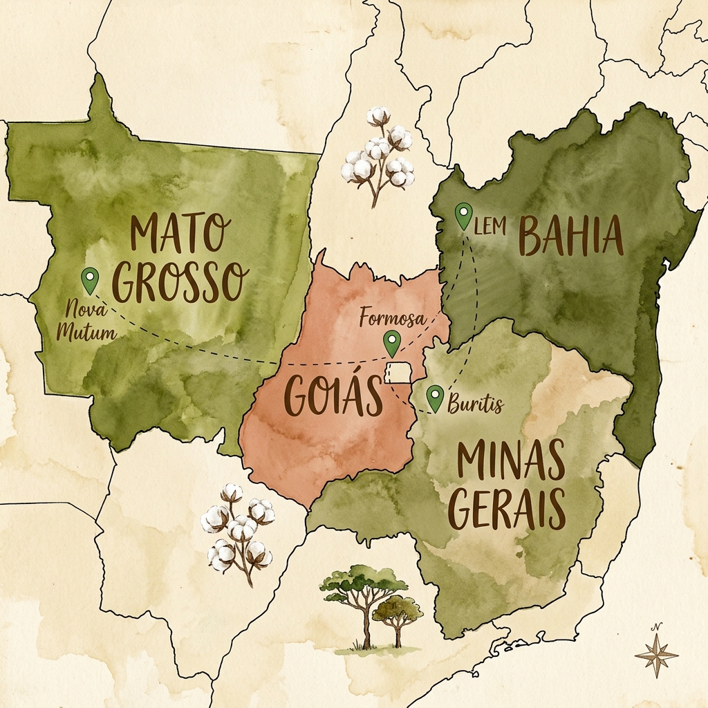 Mapa em aquarela das unidades Farmotec em MG, BA, MT e GO