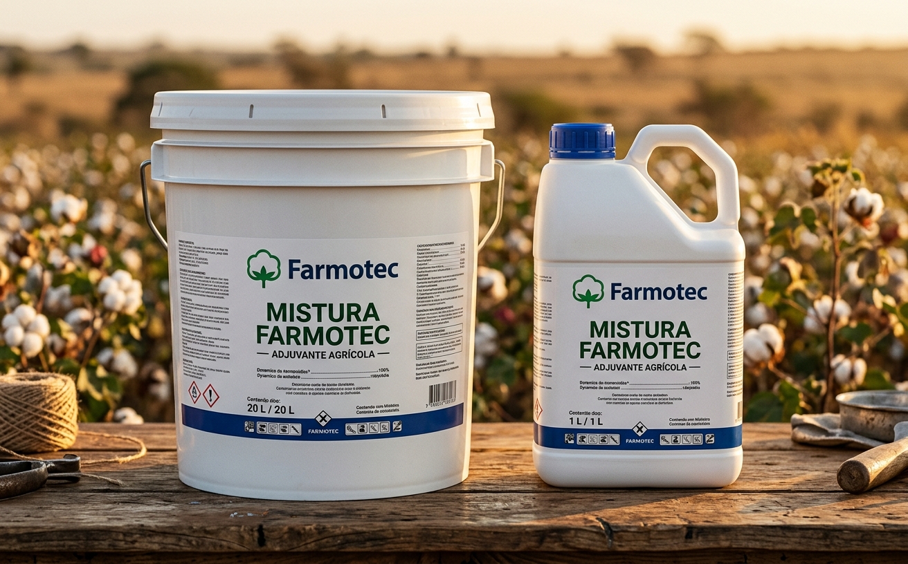 Mistura Farmotec — balde de 20L e garrafa de 1L em meio a lavoura de algodão