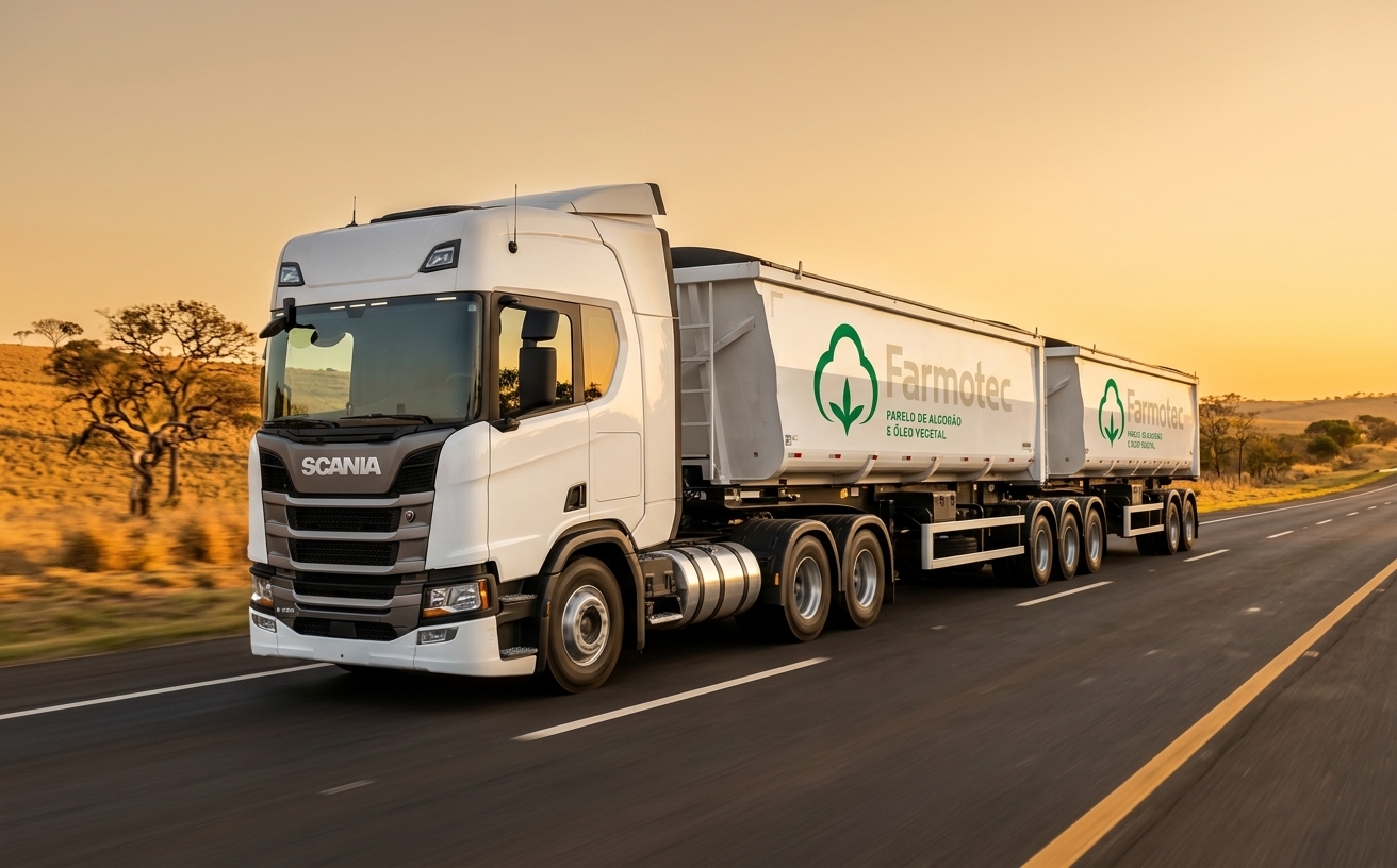 Bitrem graneleiro Scania da Farmotec em rodovia asfaltada no cerrado ao entardecer